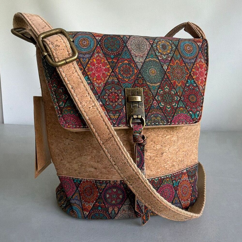 Natural Cork Crossbody Bag Portugal Boho Mandala Vegan Small Shoulder Purse New - Picture 11 of 13